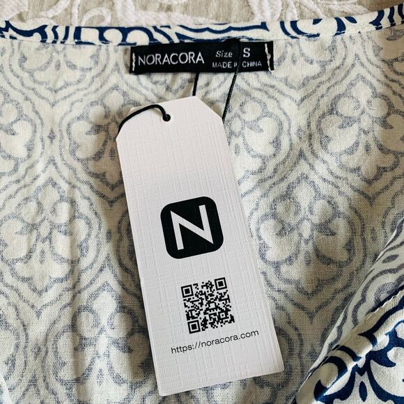 Noracora Dress Women S White Blue Damask Maxi Tier Cotton Linen Cottage Boho NWT - Picture 3 of 12